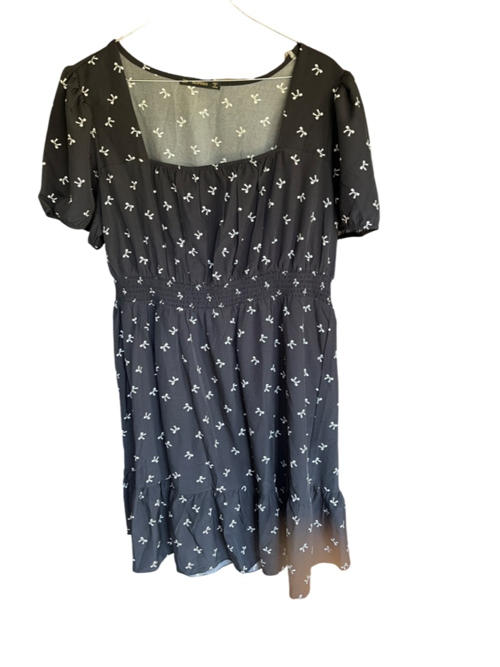 Black Mini Dress with White Bow Print and Smocked Waist